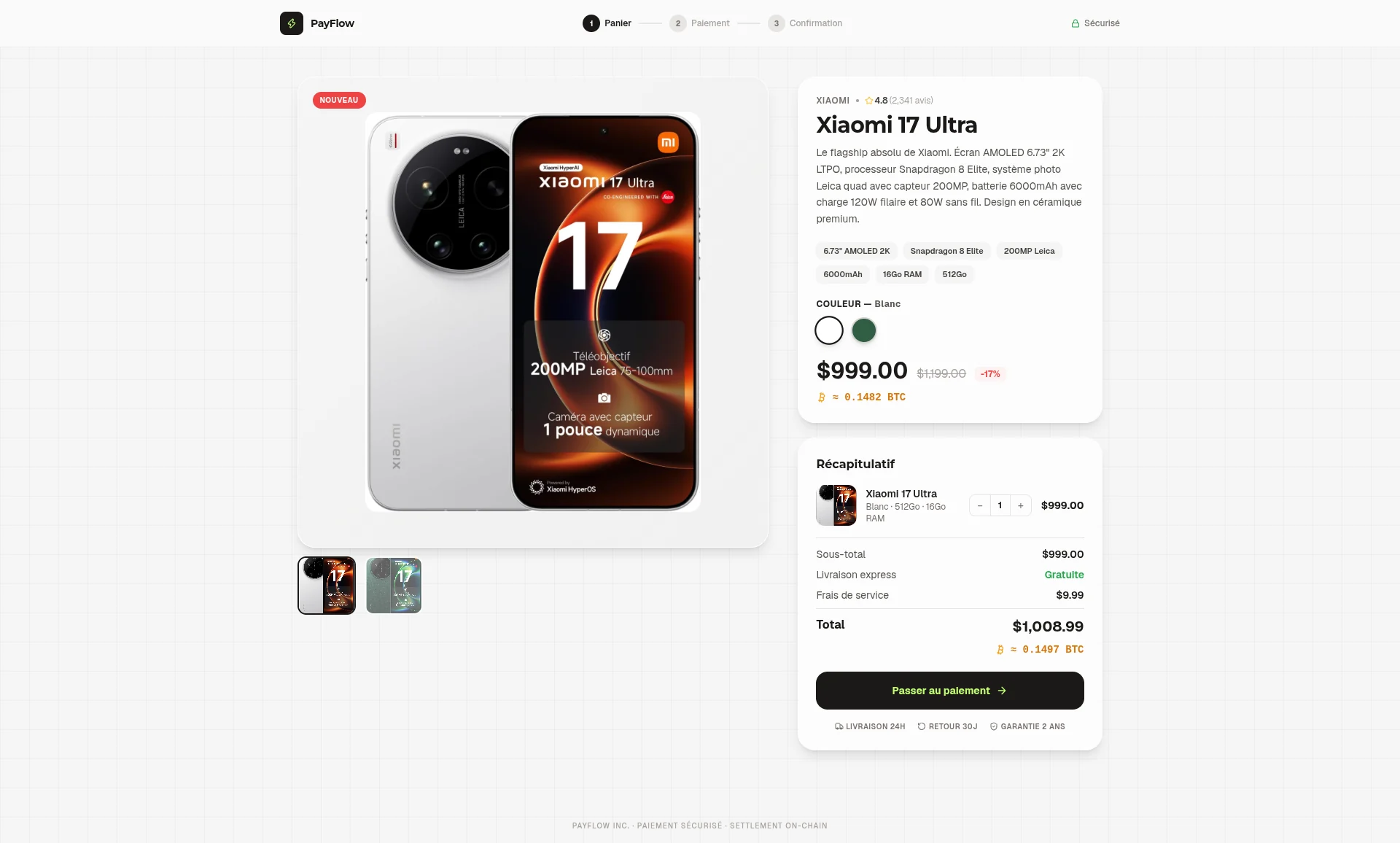 Fiche produit avec le prix affiché en devise classique et son équivalent en bitcoin